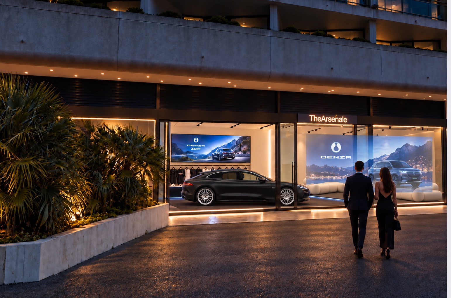 Concept rendering of a DENZA brand film displayed in the Monaco House window