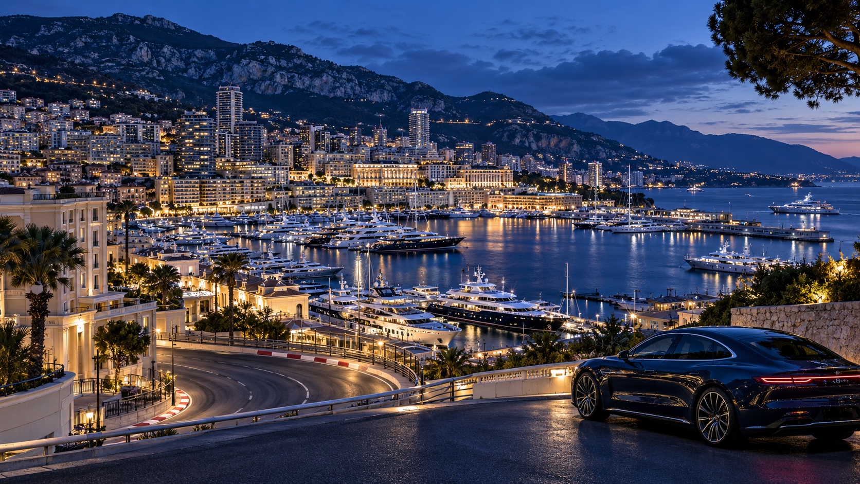 Panoramic blue-hour view of Monaco harbour and the Grand Prix hairpin, concept visual